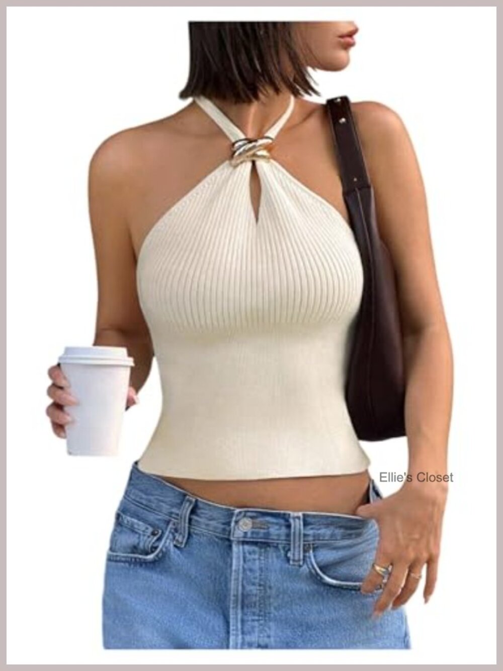 Women's Cropped Sleeveless Halter Tank Top - Ribbed Knit